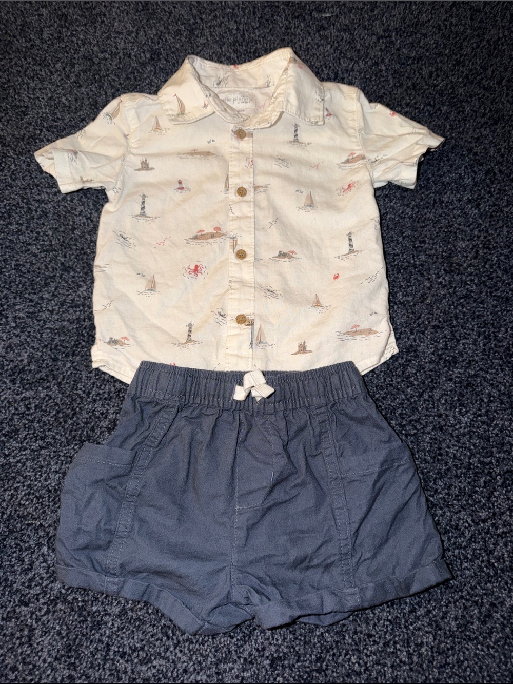 Toddler Short-Sleeve Nautical Button-Front Shirt in Cream by